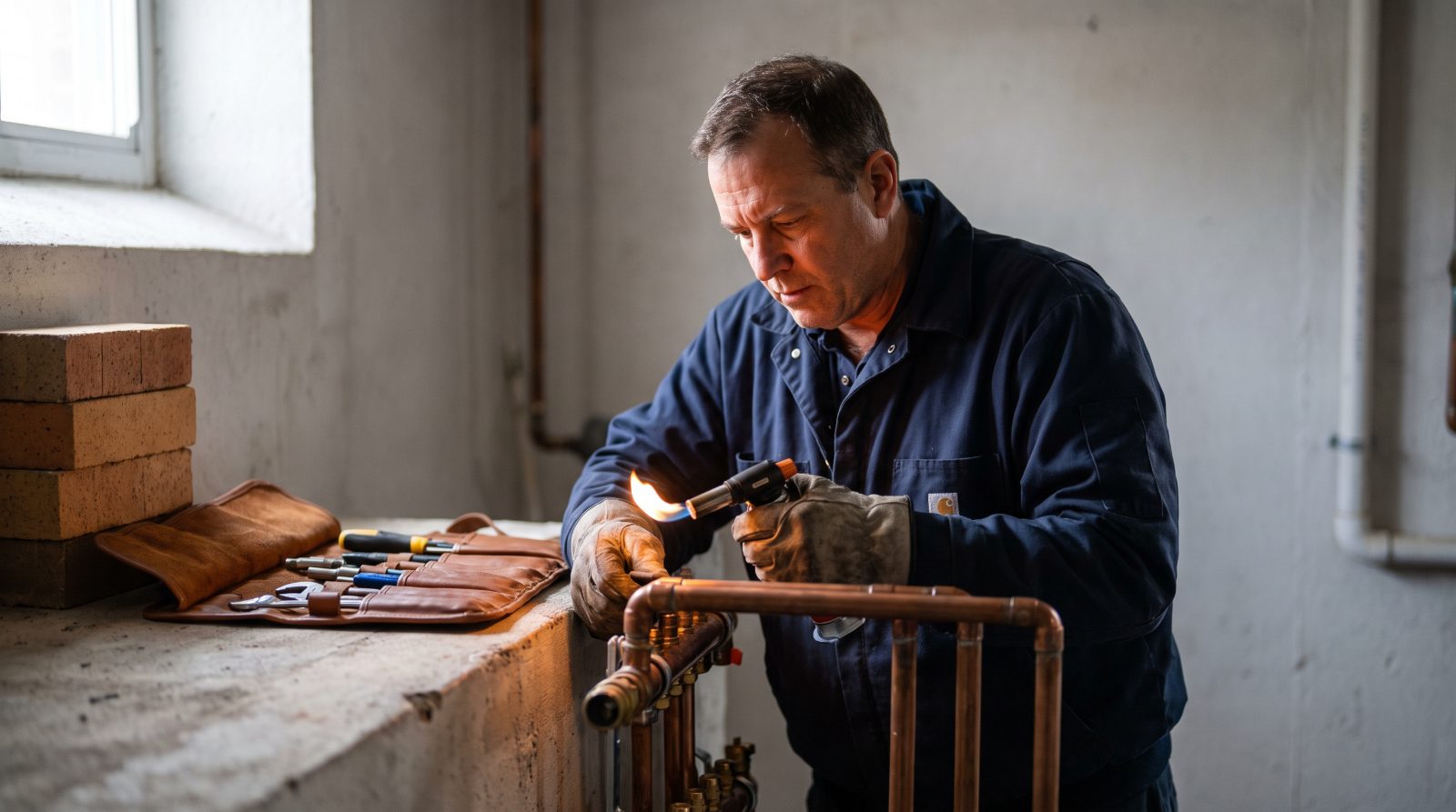 Plumber soldering copper pipe