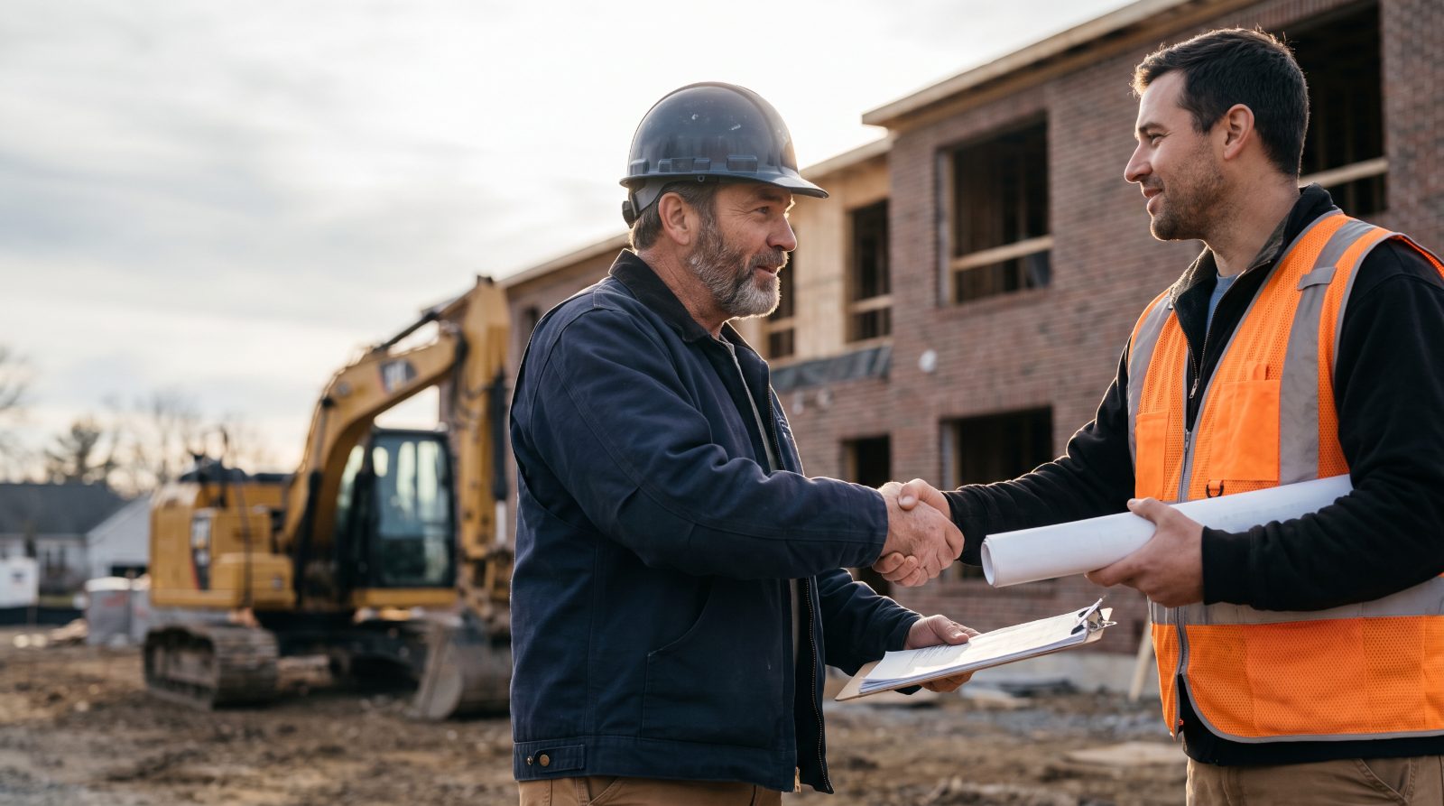 General contractor and subcontractor shaking hands on a job site