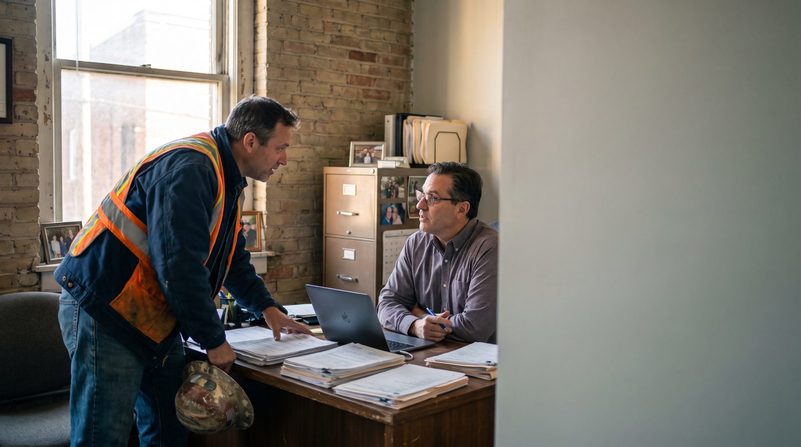 Insurance producer and contractor talking across a desk