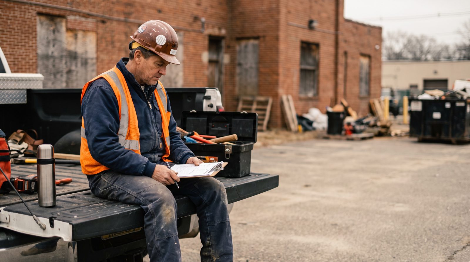 Contractor reviewing an insurance certificate at a job-site tailgate
