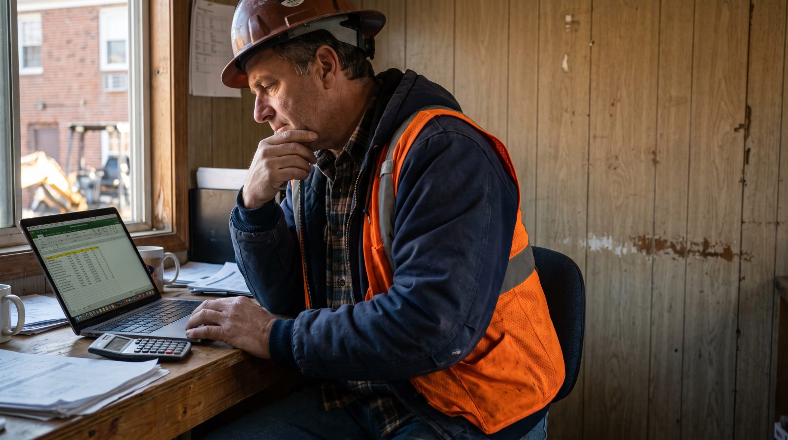 Contractor reviewing an invoice at a job-site desk