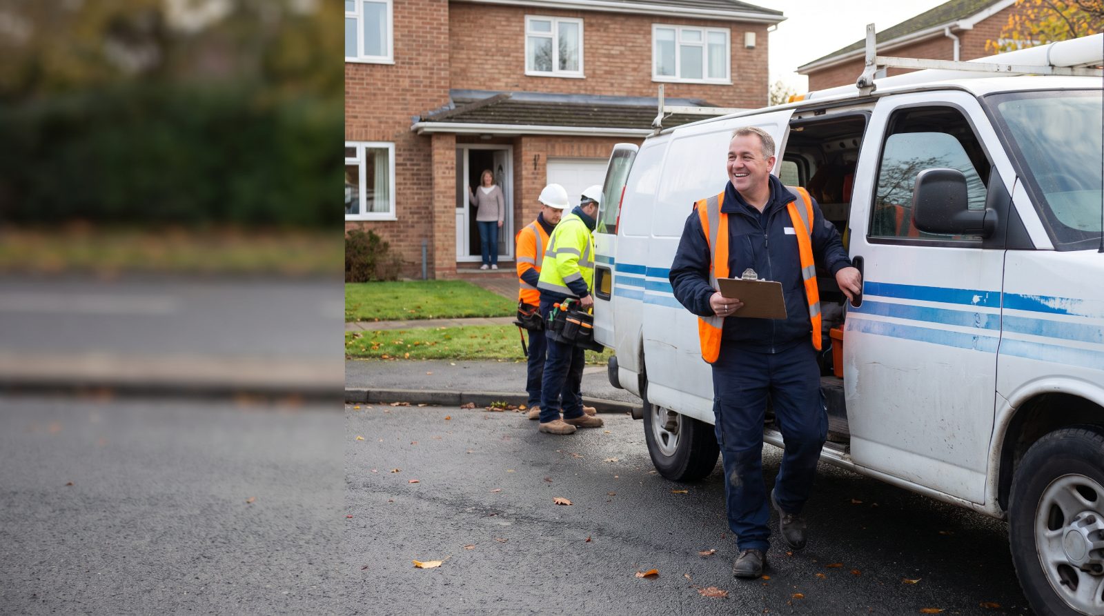 Home-improvement contractor crew arriving at a suburban NJ home