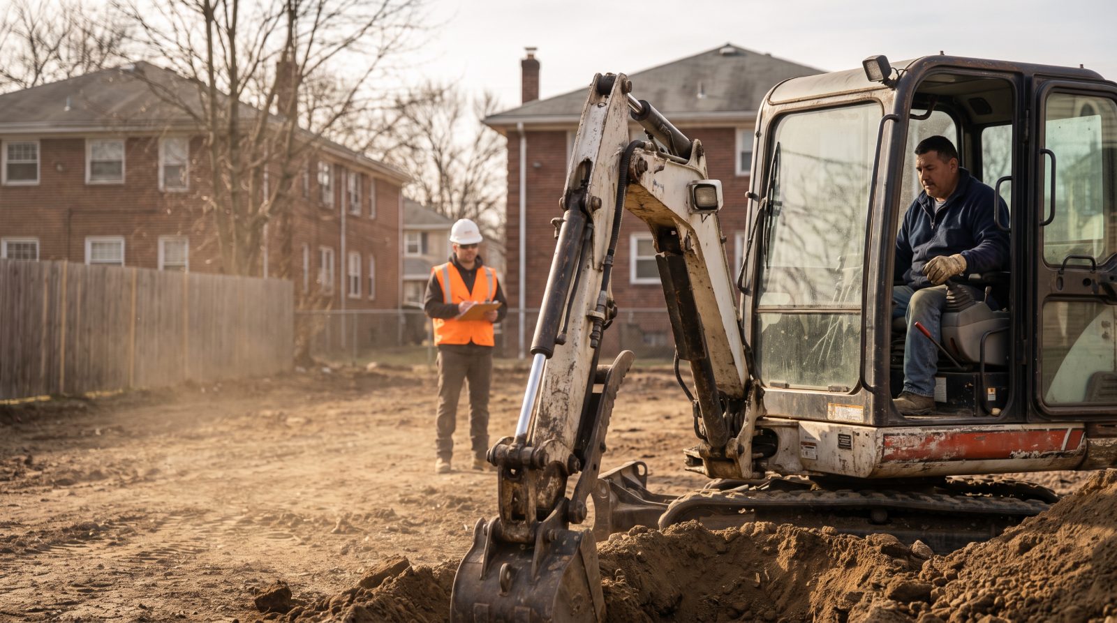 Compact excavator digging a foundation trench