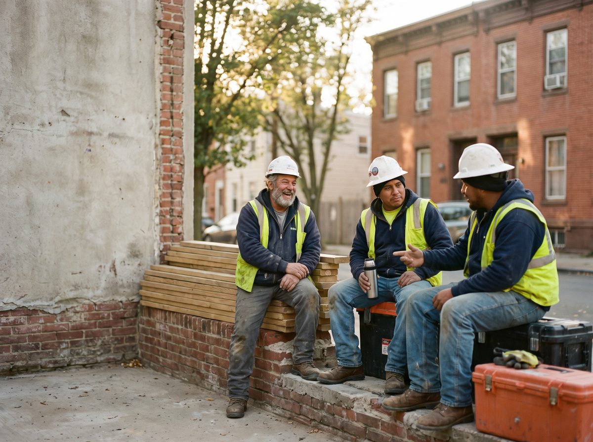 A small contractor crew in hi-vis taking a break beside a job site