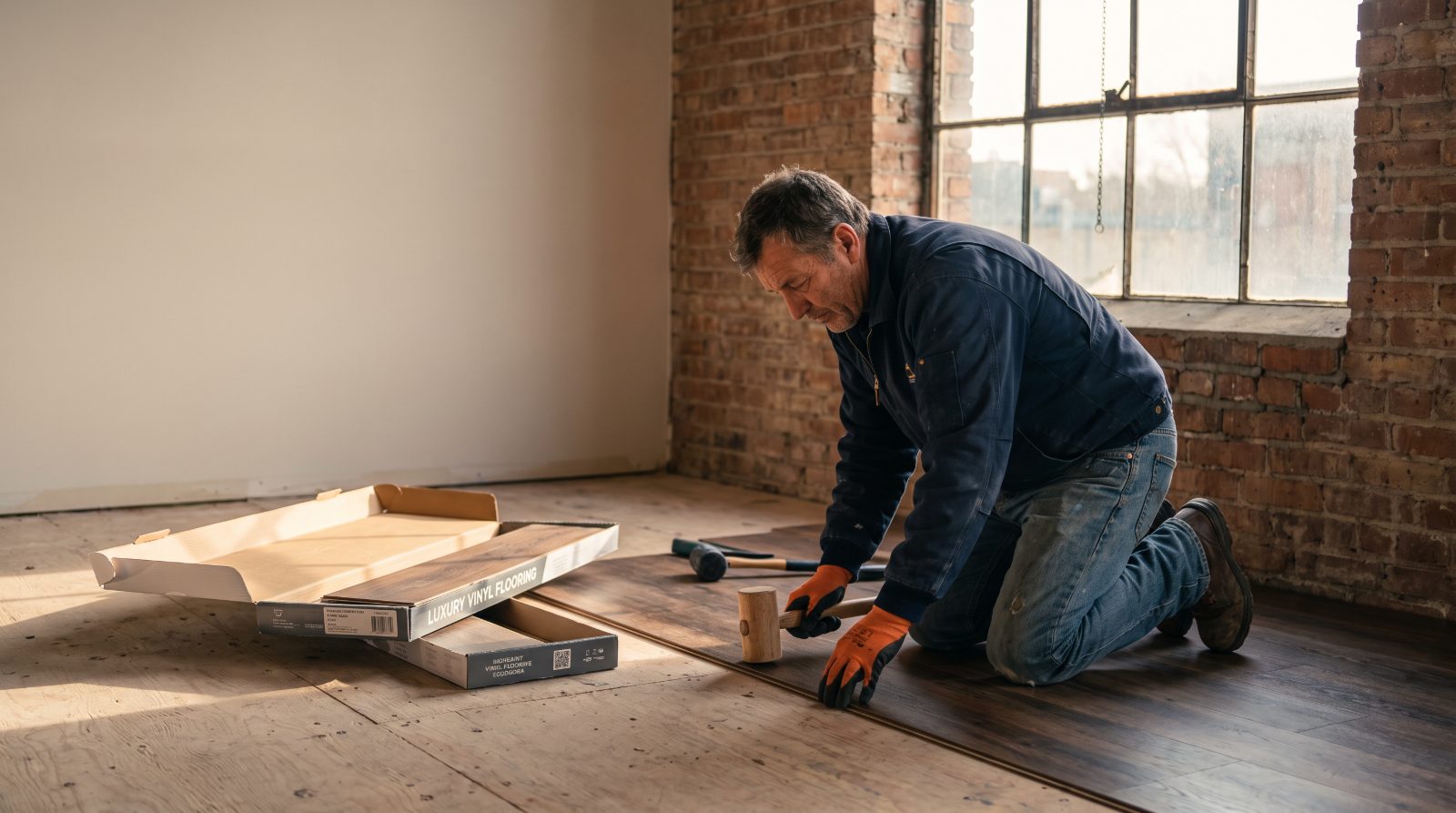 Installer laying plank flooring
