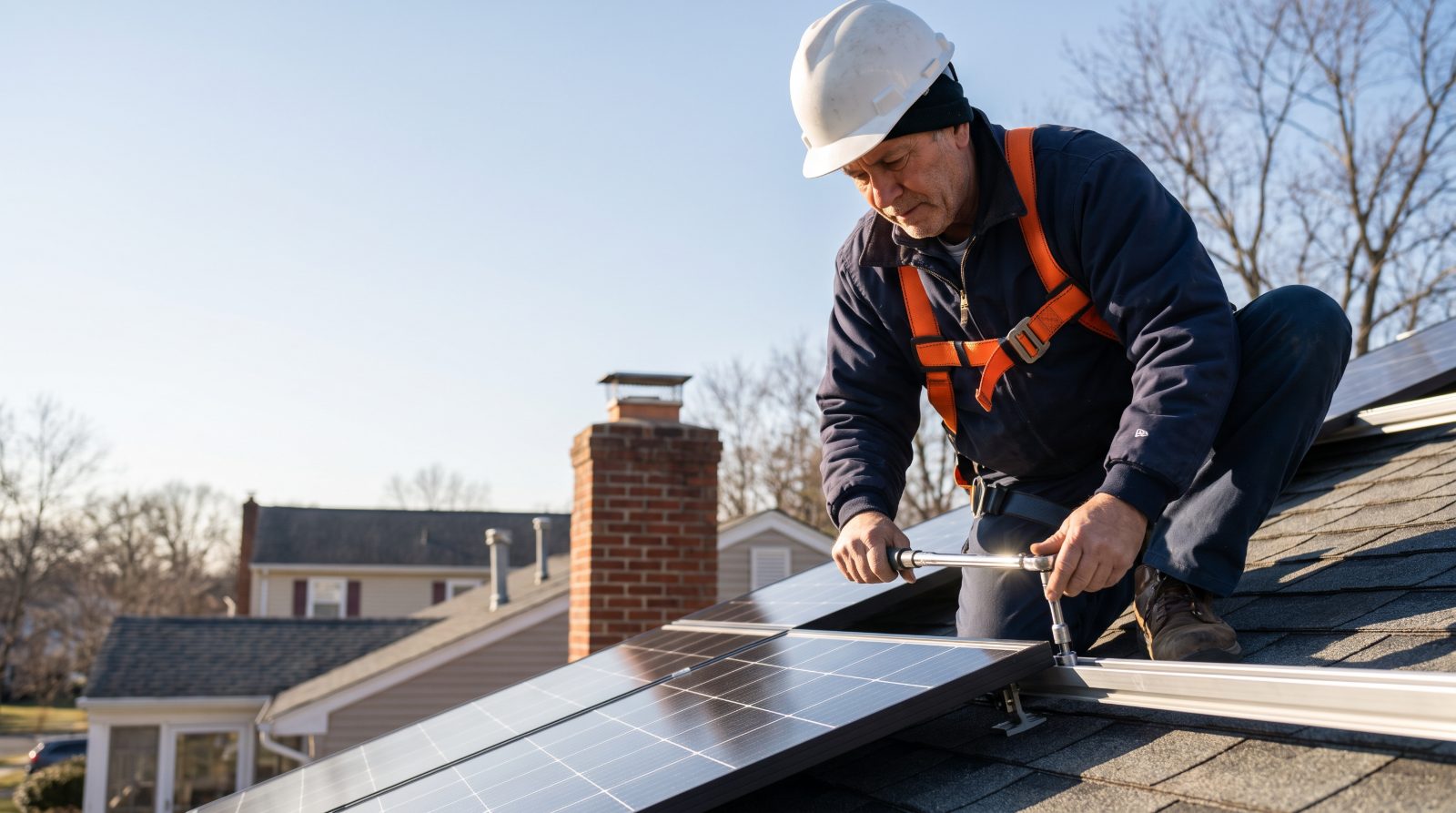 Solar installer mounting a rooftop PV panel