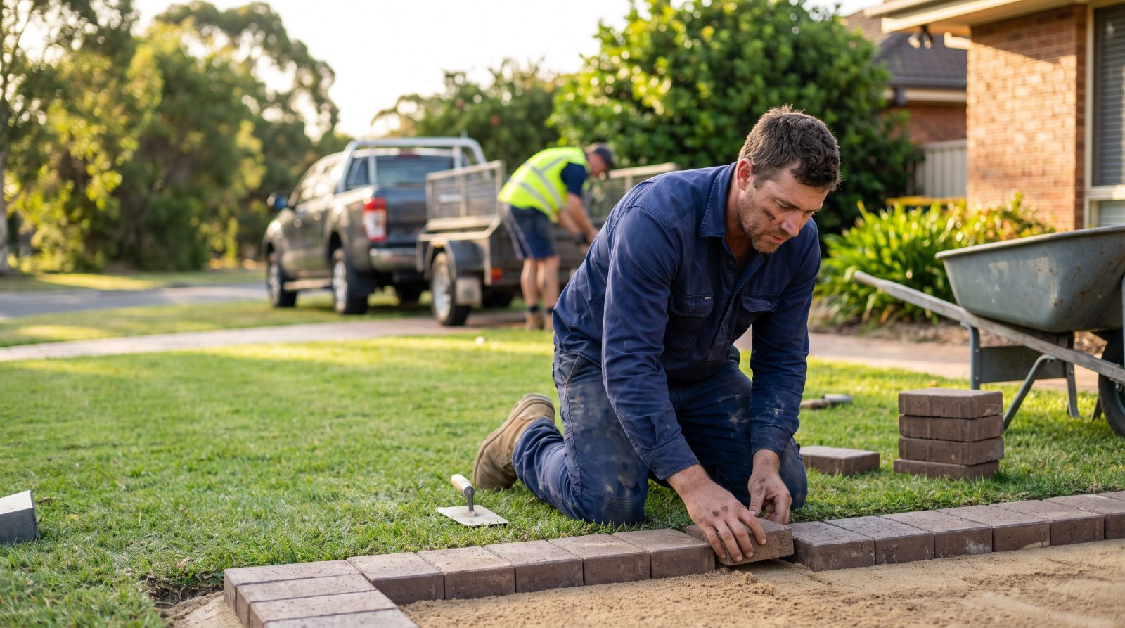 Landscaper laying pavers on a residential property