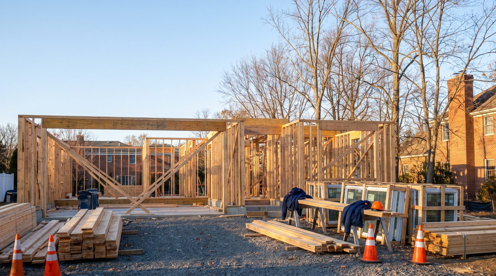 House under construction with materials staged to be installed