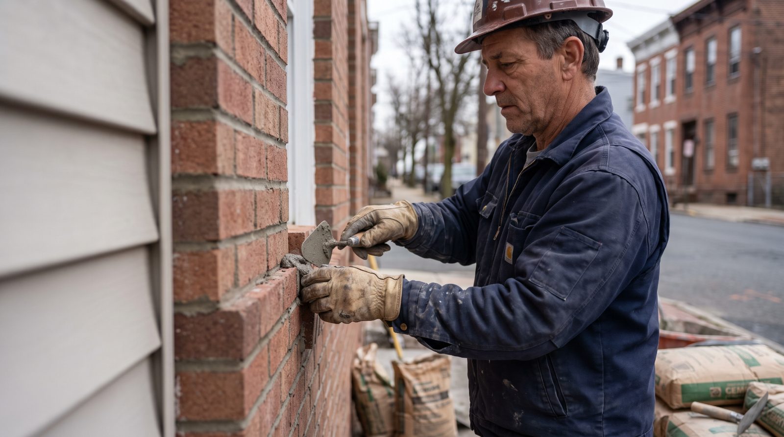 Mason laying brick with a trowel