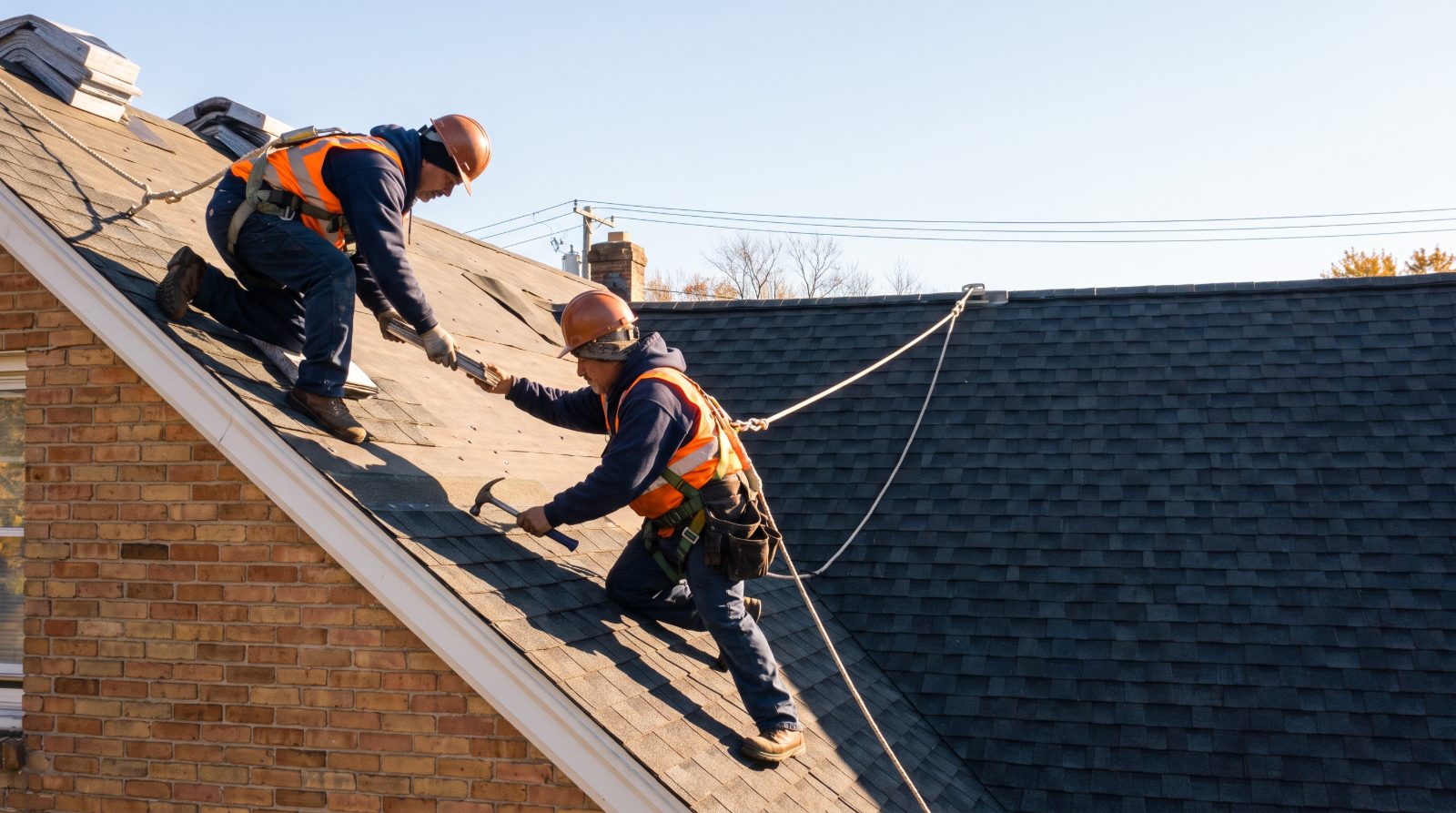 Roofers installing shingles with fall protection on a steep roof