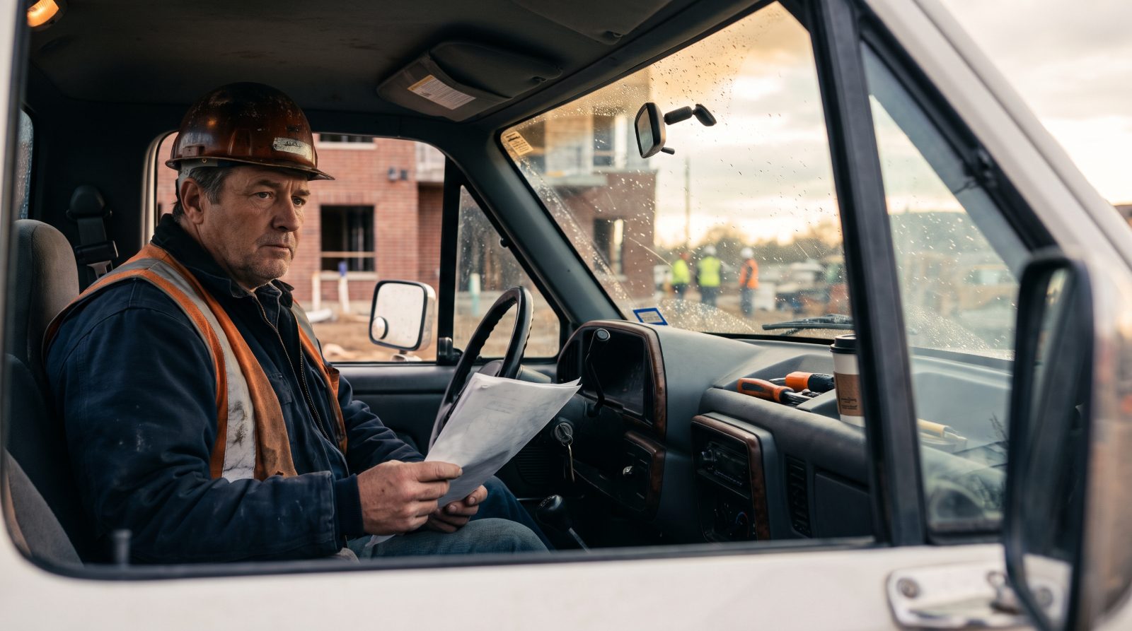 Contractor reading a policy letter in a truck cab