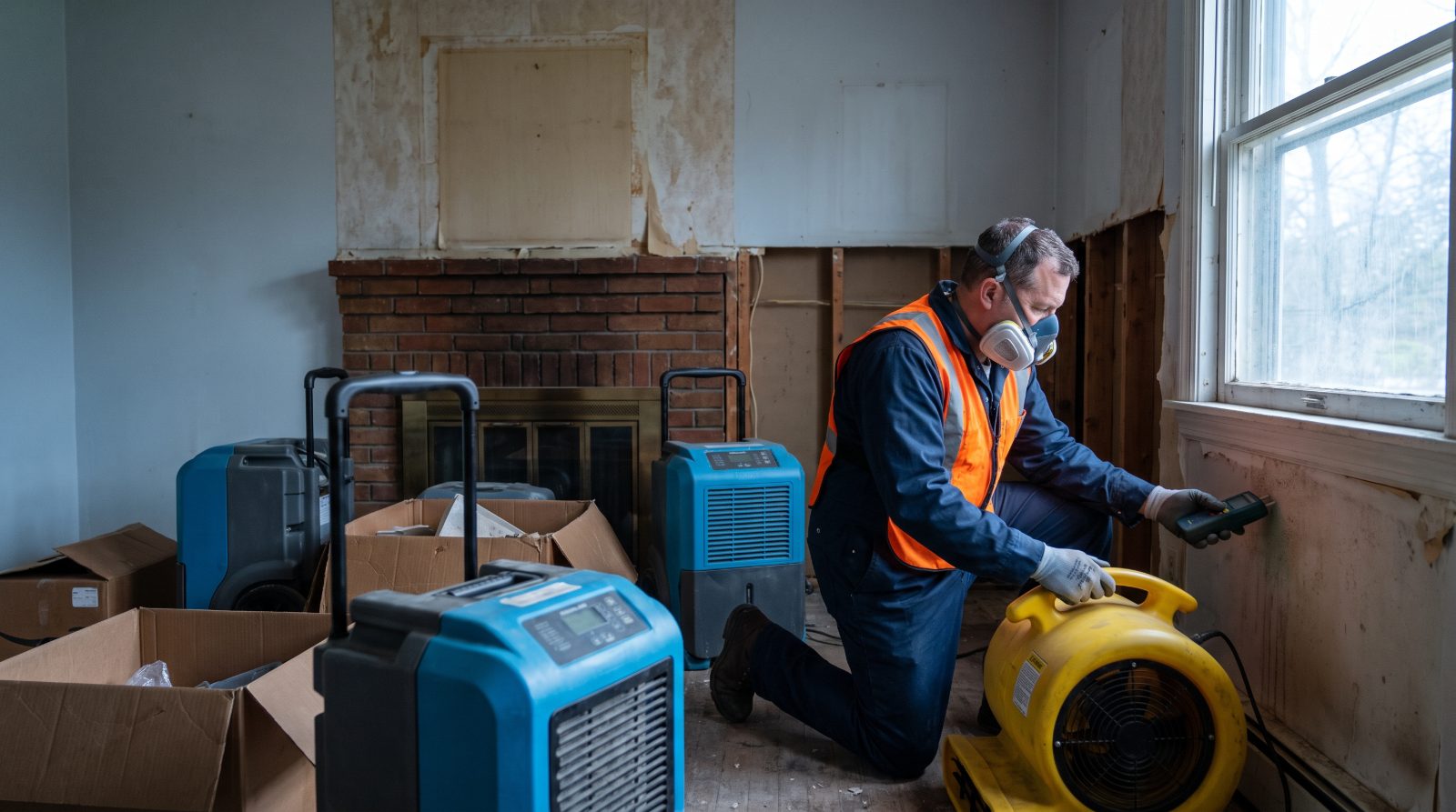 Restoration technician setting up drying equipment