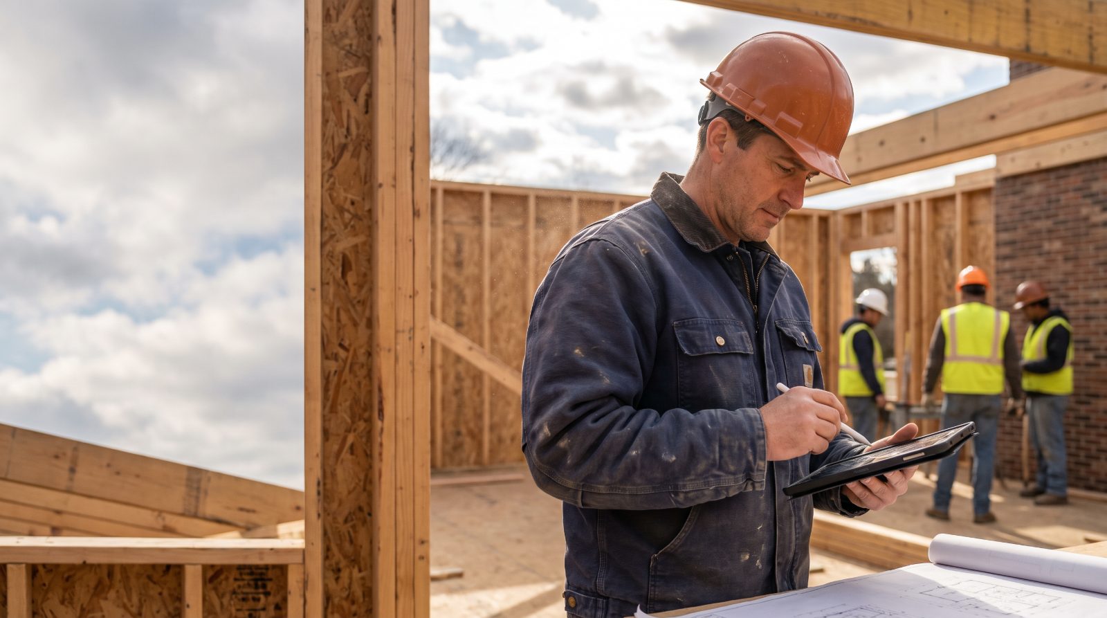 General contractor reviewing plans at a framing site