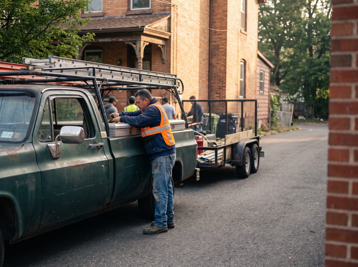 A contractor work truck with ladder rack and trailer at a job site