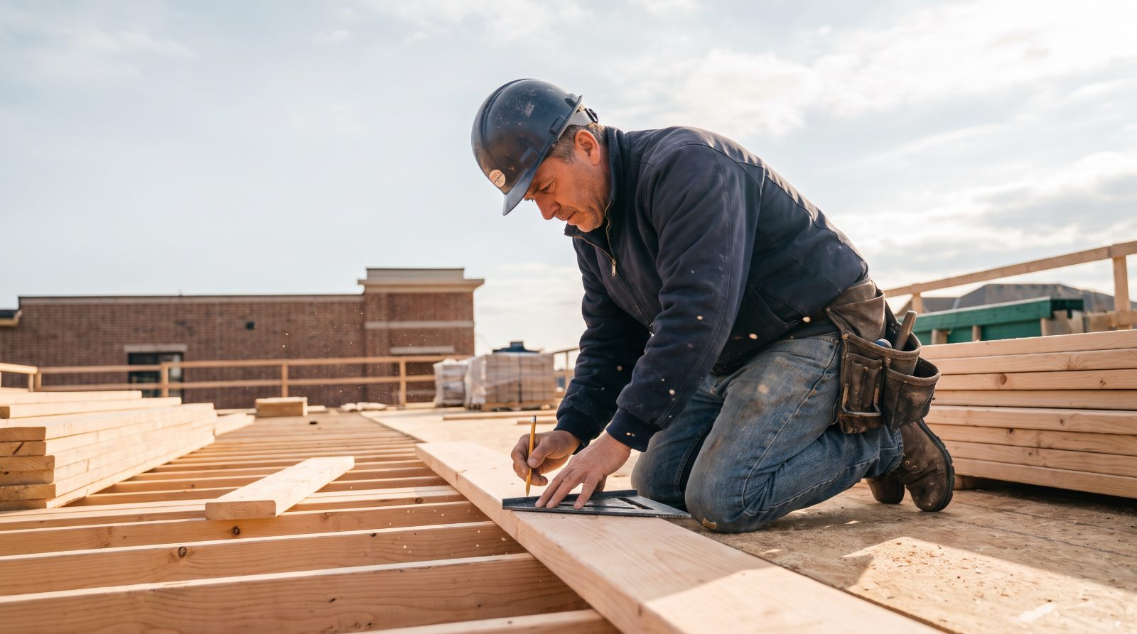 Carpenter marking a framing member on a sunlit deck