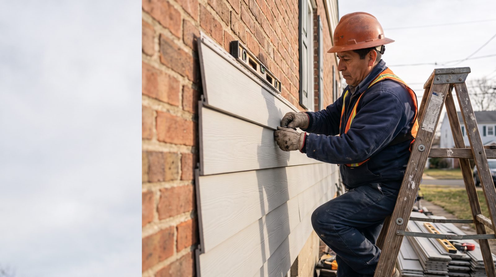 Installer fastening siding on a house exterior