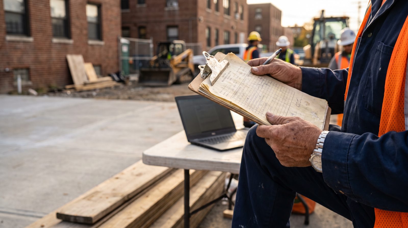 Contractor holding an insurance document on a clipboard