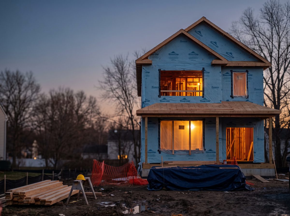 A house under construction at the weather-tight stage at dusk