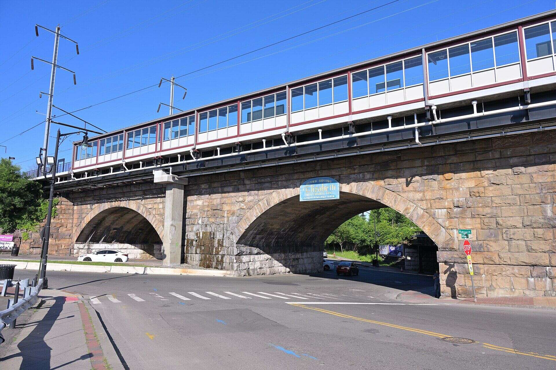 The stone arch bridge carrying the Northeast Corridor over North Broad Street at Elizabeth station in Elizabeth, New Jersey