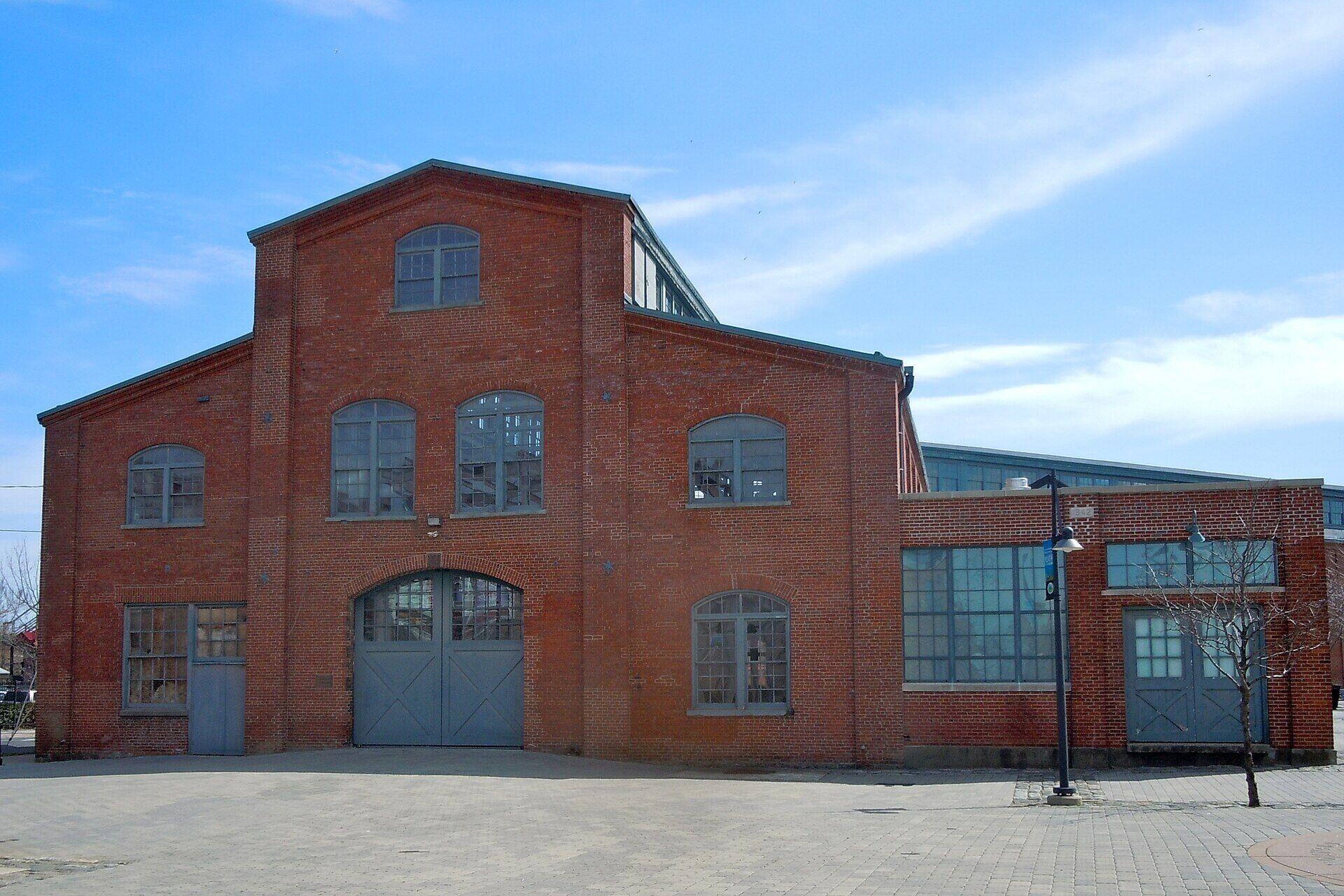 The brick front of the 1890 Roebling machine shop on South Clinton Avenue in Trenton, New Jersey